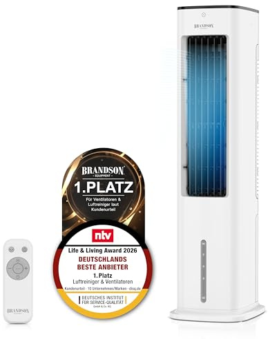 Brandson - Luftkühler mit Wasserkühlung - 5 in 1 - Verdunstungskühler Luftbefeuchter Ventilator & Luftreiniger mobile Klimaanlage ohne Abluftschlauch - Sieger Ventilatoren und Lüftkühler 2026 - leise