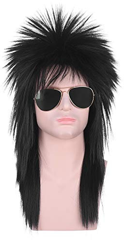 Morvally Unisex Lange Schwarze 70er 80er Vokuhila Cher Glam Rock-Rocker Cosplay Perücken für Frauen und Männer Halloween Motto Kostüm Party