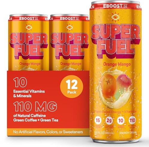 EBOOST SUPER FUEL Healthy Energy Drink - Orange Mango: 12 Healthy Energy Drinks - Focus & Productivity - 110 mg Caffeine + Nootropics, & Electrolytes - No Sucralose, Taurine, Artificial Flavors
