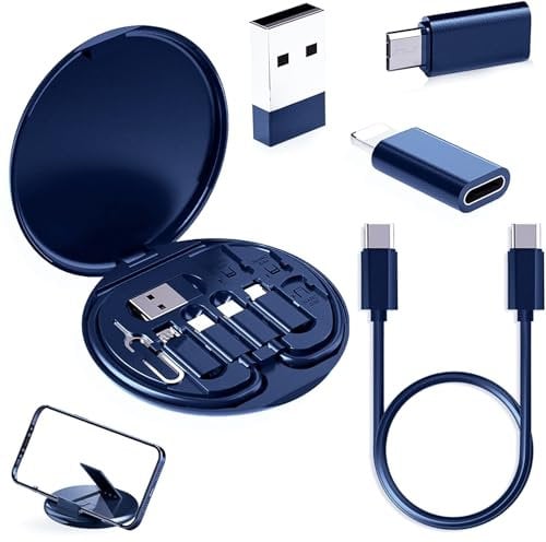 Juliyeh multifunctional data cable adapter portable storage box, multi-type charging cable adapter USB tool including Sim card slot tray, mobile phone holder (midnight blue)