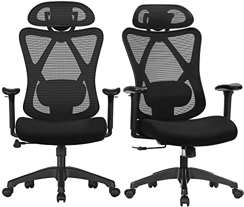 SONGMICS Bürostuhl ergonomisch, 2er Set, Schreibtischstuhl, Computerstuhl, Netzstuhl, verstellbares Lenden- und Kopfkissen, bis 150 kg belastbar, höhenverstellbar, tintenschwarz OBN063B01-2