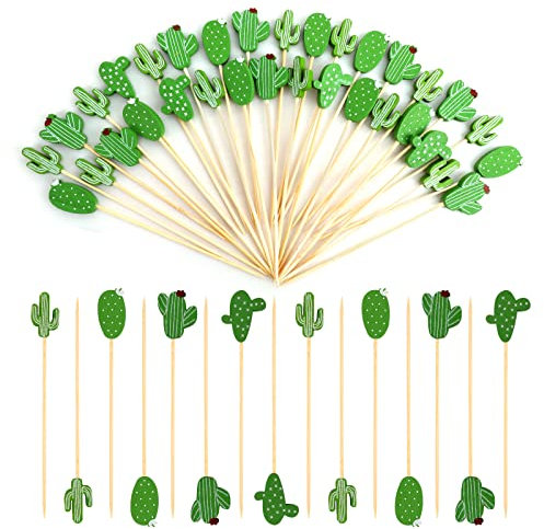 OOTSR 100 unidades de cóctel de bambú verde, 4.7 pulgadas de estilo mixto de hojas de cactus palillos de dientes sándwich, palillos de dientes de frutas para fiestas, aperitivos, bebidas, martinis