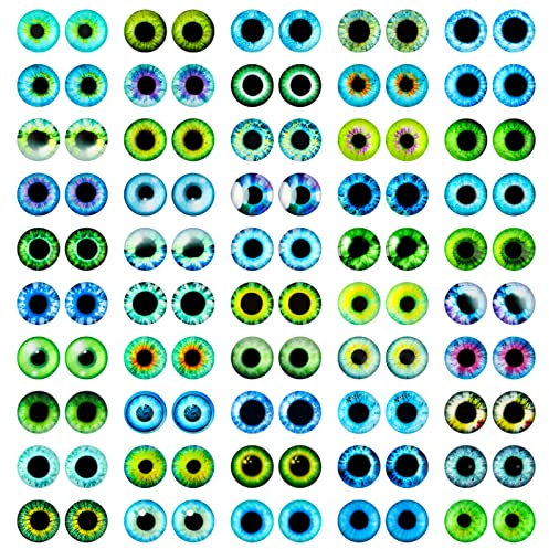 MWOOT 100 Pcs 12MM Dragon Eyes Glass Cabochon Eyes,Green Blue Glass Eyes for Crafts, 50 Style Cat Owl Bird Human Pupil Eyes for Doll Art Making Jewelry Making DIY Crafts Halloween Christmas Decoration