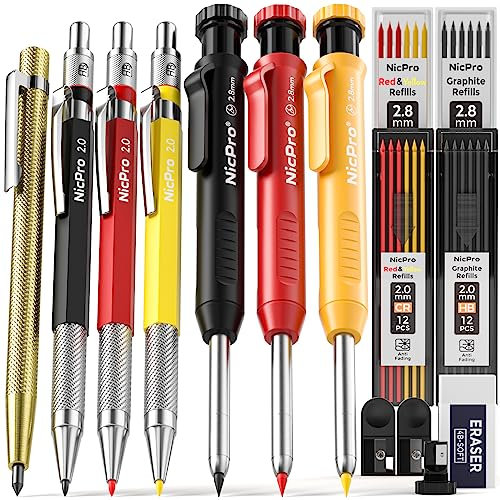 Nicpro 16 Stück Tischler Bleistifte Set, Solide Zimmermannsbleistifte mit 42 Vielseitige Minen, Druckbleistift Marker, Tieflochmarker Bleistift für Holzbearbeitung, Baustelle