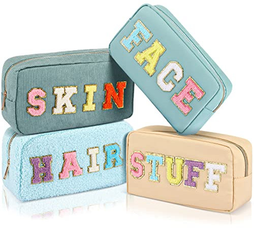 Kajaia 4 Stück Nylon-Chenille-Brieftaschen für Kosmetik, Make-up, Kulturbeutel, niedliche Make-up-Taschen für Frauen, Reisen, Reißverschluss, adrette Tasche für Teenager, Mädchen, Frauen, helle Farbe
