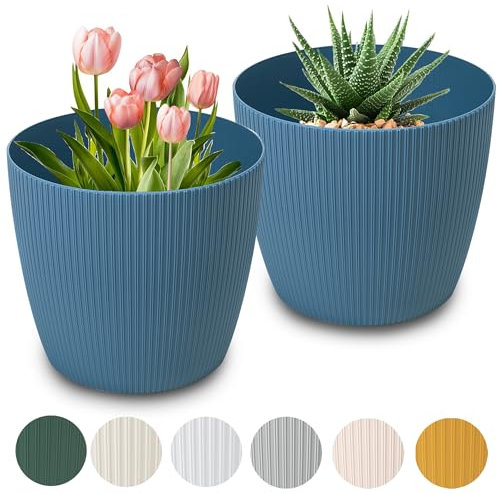 PECZEKO Macetero mate, macetero de plástico, maceta decorativa para plantas grandes, 2 maceteros de flores, macetero para hierbas, (2 unidades), color azul, diámetro de 22 cm