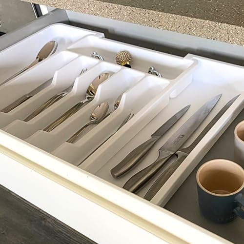 Limux Cutlery Drawer Organiser, Expandable Utensil Tray for Kitchen, Adjustable Silverware and Flatware Holder, Compact Plastic Storage for Spoons Forks Knives, Large, UK Brand (White)