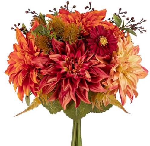 Briful Fiore artificiale, mazzo di fiori artificiali, set da 2 pezzi, bouquet di rose di ortensia, altezza 30 cm, pianta decorativa per composizioni di festa o matrimonio (arancione rosso, 1 pezzo)