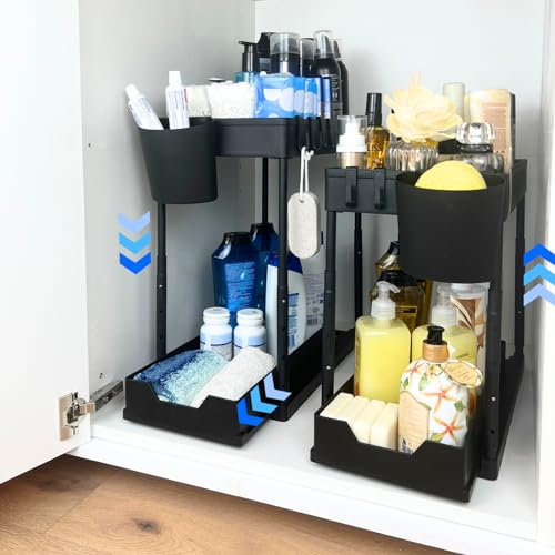YellowClama Organizador bajo Fregadero - Altura Regulable - Organizador Cocina - Armario Cocina - Organizador Productos Limpieza, 2 Cestas colgantes, 8 ganchos, Almohadillas antideslizantes, Negro