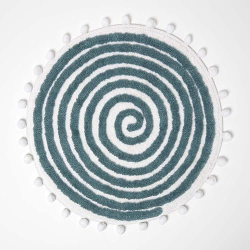 Homescapes Spiralmuster Badteppich getuftet mit Bommeln, runde Badematte 60 cm Petrol-weiß, Badvorleger Baumwolle