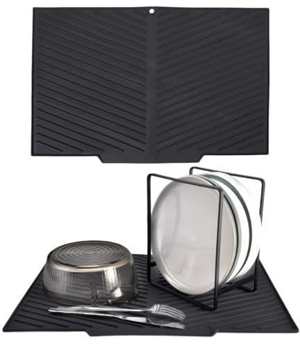Echehi Alfombrilla Escurreplatos con Salida de Drenaje, 43,3 x 30 cm Alfombrilla Escurreplatos en Forma de V con Diseño Antideslizante, Fácil de Limpiar y sin BPA. Negro