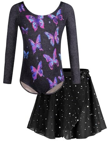 Arshiner Kinder Ballettkleidung Langarm Ballettkleid Mädchen Paillette Ballett Trikot Tanzkleid Ballerina Outfits mit Glänzender Tütü Rock Schmetterling 130