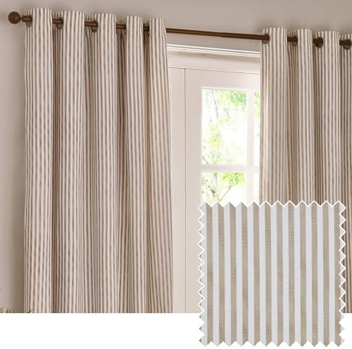 Yard furn Hebden Eyelet Curtain Pair – Ultra Soft Cotton Lined Striped Curtains (Natural - 168x229cm)