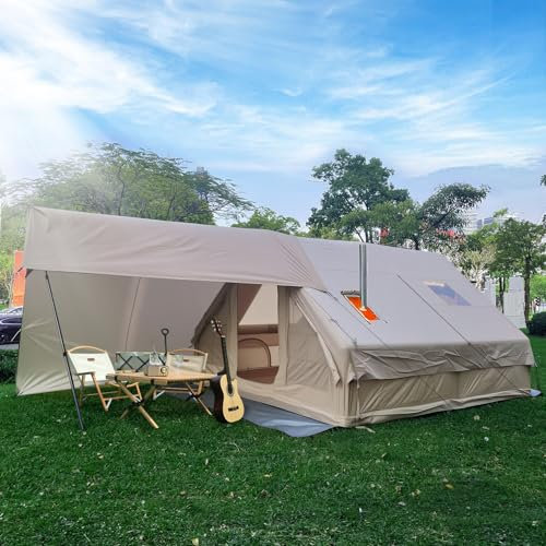 Aufblasbares Zelt mit Sonnenschutz, Inflatable Tent 2-10 Personen, Camping Zelt Aufblasbar mit Rauchabzug, Luftzelt Aufblasbar Glamping mit 2 Dachfenster Plus 6 große Fenster,Wassersäule 5000 mm