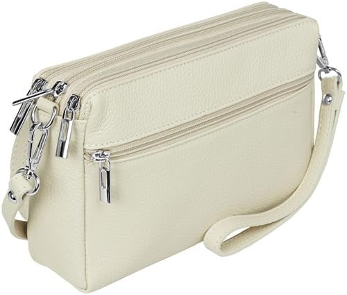 Caspar kleine Leder Umhängetasche Crossbody Bag elegante Damen Tasche mit 3 Fächern - CLASSIC LINE - Modell No.815 - Made in Italy, Farbe:champagner