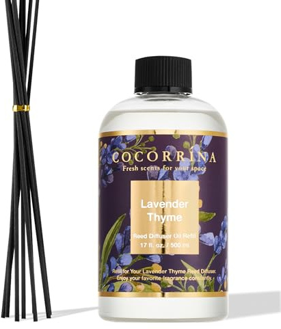 COCORRÍNA Recharge Diffuseur de Parfum 500ml avec 8 Bâtons, Lavender Thyme, Parfum Longue Durée aux Huiles Essentielles Naturelles, Parfum d'intérieur pour Le Salon, la Chambre et la Salle de Bains