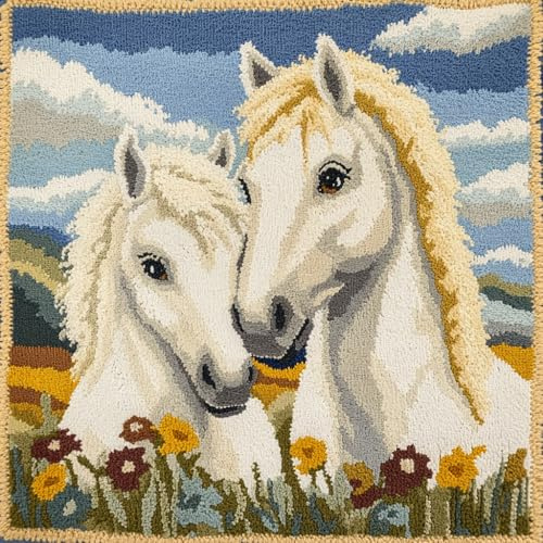AMBATTERY DIY Knüpfen Set Anfänger, Tier Pferd Knüpfkissen Wurfkissenbezug,Sofakissenbezug Mit Bedruckter Leinwand Für Anfänger Und Erwachsene,43x43cm