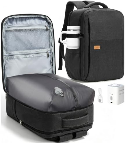 CADOLIM Vacuum Backpack Travel Bag With Pump,Large Travel Backpack for Women Men Ryanair 40x30x20 Underseat Hand Luggage Bag Carry On Cabin Size Flight Rucksack Fit 14/15.6 Inch Laptop Black