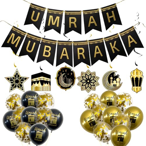 Umrah Mubarak Deko 27pcs Hajj Dekoration Schwarz Gold Luftballons Banner Hängende Wirbel für Ramazan Muslim Party Islamische Festival