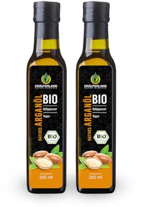 Kräuterland Bio Arganöl 2X250ml (500ml), ungeröstet (mild), kaltgepresst, naturrein ohne Zusatz von Aroma-, Farb- und Konservierungsstoffen, Premium Qualität aus Marokko
