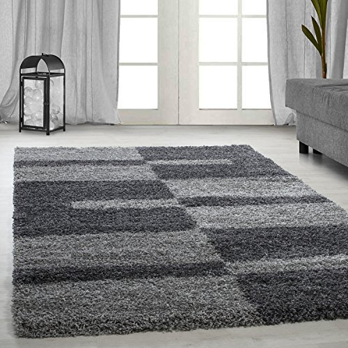 Carpetsale24 Hochflor Teppich 200 x 290 cm Grau – Weicher Shaggy Flokati im Karierten Design – Großer Wohnteppich für Wohnzimmer, Schlafzimmer oder Esszimmer – Pflegeleicht & modern