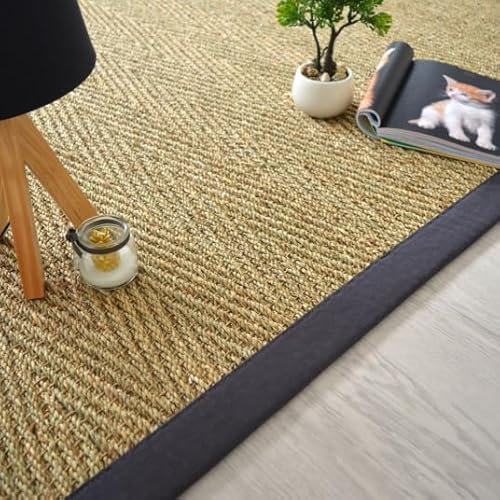 Decoweb Tapis Jonc de mer - Assam Chevron - Ganse Coton Anthracite - 200 x 290 cm