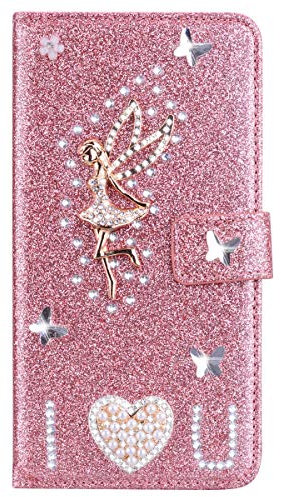 XFZ Handyhüllen für Samsung Galaxy J3 2017 Glitzer Hülle Leder Hülle PU Wallet Flip Case Ledertasche Schutzhülle Glänzende Glitzer Bling 3D Engel Strass Diamant Hülle Rose Gold Bumper Handyhülle