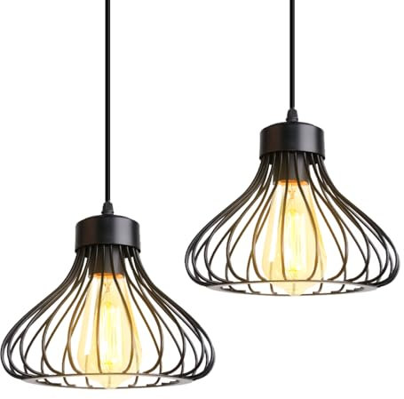 2 lámparas de techo vintage industrial en forma de jaula retro de metal, candelabros E27 de 20 cm para cocina, comedor, sala de estar, iluminación y decoración, color negro