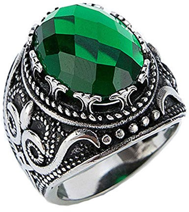 HIJONES Herren Jahrgang Luxus Oval Smaragd Stein Ring aus Edelstahl Gotisch Geschnitzt Muster Silber Größe 62