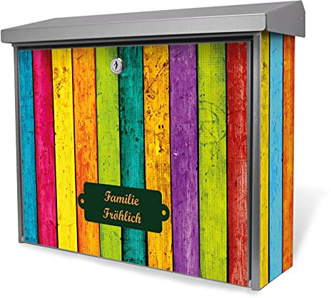 banjado® Burgwächter Briefkasten Edelstahl 38,5x31,5x12cm mit Motiv Bunte Holzlatten/Briefkasten Edelstahl ohne Zeitungsfach/Briefkasten grau/Postkasten inkl. Montagematerial & 2 Schlüsseln