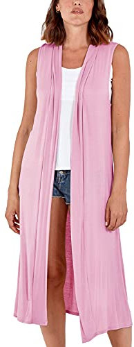 STAR FASHION Woman’s Open Front Sleeveless Maxi Long Length Boyfriend Cardigan Ladies Plain Blazer Waistcoat Floaty Top Duster Jacket UK 20-22 Pink