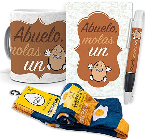 Super Regalo Personalizado para Abuelos. Abuelo molas un Huevo. Taza, libreta, boli y Trio de Calcetines