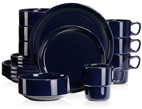 LOVECASA, Porcelain Dinner Set, Dark Blue, 16 Piece Kitchen Dinnerware Service, Plate Ceramic Crockery Set with Dinner Plates, Dessert Plate,Bowls and Mugs, Service for 4
