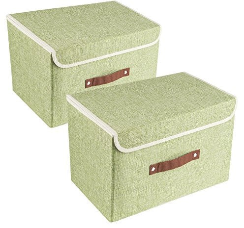 TYEERS Collapsible Storage Box with Lid, Fabric Storage Box for Clothes, Wardrobe Storage, 38x25x25 cm, Set of 2, Green