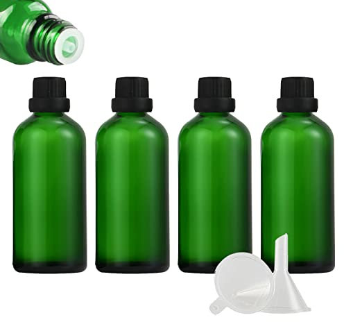 ZEOABSY 4 Pièces Flacon Aromathérapie 100ml en Verre Vert avec Bouchon Codigoutte Noir, Compte Gouttes Inviolable, Bouteilles en Verre D'huile Essentielle Vides Flacon de Voyage