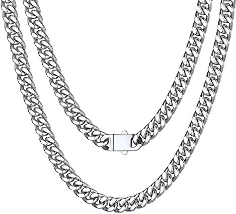 Bestyle Halskette Herren Kette Miami Panzerkette aus Edelstahlkette Kubanische Schmuck Männer Hip Hop Rapper Länge 45cm Breite 7mm Silber