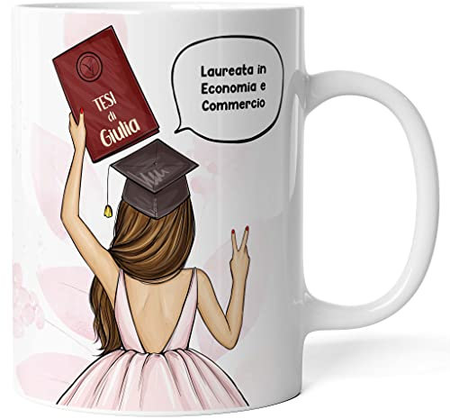 Caribu design Tazza personalizzata Laurea Donna - Idea Regalo per Neolaureata/Festa/Tesi di Laurea - Personalizzabile con NOME, FACOLTÀ e STILE CAPELLI (Bianco)