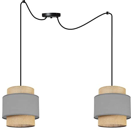 Light-Home Boho Hängelampe - Rattan Lampe - Deckenlampe für Wohnzimmer Schlafzimmer und Esszimmer - Pendelleuchte aus Metall mit Lampenschirm aus Stoff - E27-2-Flammig - Grau und Jute