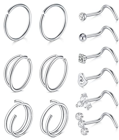 WillTen 20G Nasenstecker Screw Silber Diamant CZ Nasenring Hoop Damen Chirurgenstahl Nasenring Nostril Doppel Schmuck Piercing 12 Stück