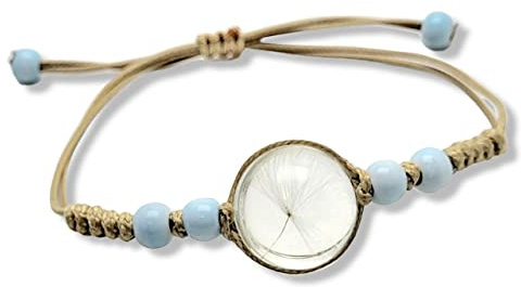 Armband Damen echte Pusteblume mit Gießharz Blattanhänger Holzperlen., Löwenzahn Armband
