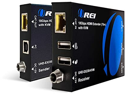 OREI KVM 4K HDMI Over Ethernet Extender Balun Over CAT6/7 Cable 4K@60Hz Upto 230 Feet - 2 USB 1.1 Ports, Supports Keyboard and Mouse USB HDMI Loop Out, Power Over Cable