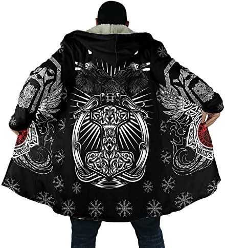 Veste extérieure coupe-vent Mjölnir 3D pour hommes Manteau coupe-vent à capuche mi-long en laine d'agneau et coton Viking Tattoo Poncho cape de sport décontracté pour l'hiver (Color : Raven Thor's Ha