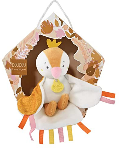 Doudou et Compagnie - La Colline aux Vois – Kuscheltier aus Leder mit goldfarbenem Knopf – Gelb – 23 cm – Geschenk zur Geburt – schöne Nistkasten – DC4049