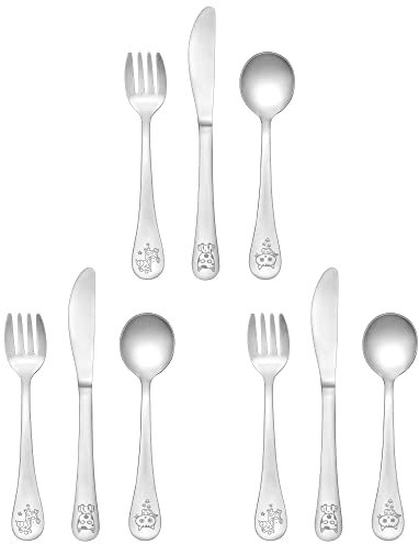 Joyfair Childrens Cutlery Set, 9 Pcs Stainless Steel Kids/Toddler Utensils Set Good for 2-5 Years Old Child, Cute Animal Pattern Silverware Include 3 Safe Knives, 3 Forks, 3 Spoons, Dishwasher Safe