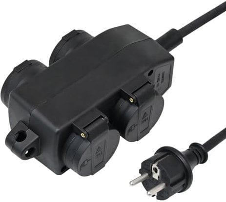 4-Fach Verteilersteckdose für Außenbereich, Outdoor Stromverteiler - 4 Schutzkontakt-Steckdosen mit Klappdeckel, Steckdosenverteiler IP44, Außensteckdose - 2m Gummi Verlängerungskabel - Öse zum Hängen