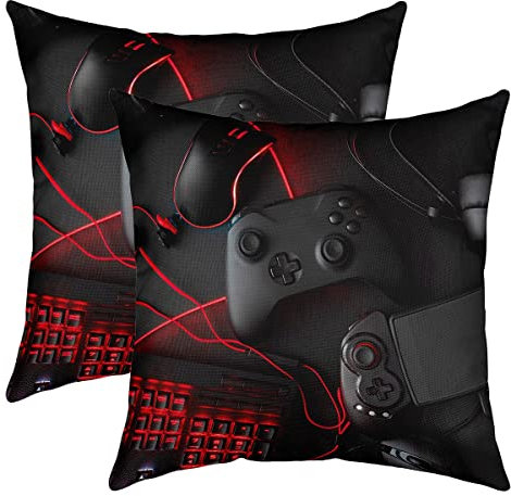 Spiele 2er Set Kissenbezüge Für Sofa Schlafzimmer Gamer Videospiele Dekokissen 50x50cm Modern Spiel Gamepad Kissenbezug Couch Bett Dekor Spielkonsole Sofakissen mit Reißverschluss Schwarz Rot