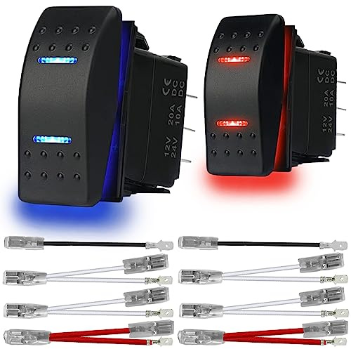 MKBKLLJY 2St. Momentan-Wippschalter, Umschalter EIN/Aus/EIN wasserdicht DC 12V/20A 24V/10A 7polig DPDT blaues und rotes LED-Licht mit Überbrückungskabelsatz für Boot LKW Caravan Wohnmobil SUV ATV