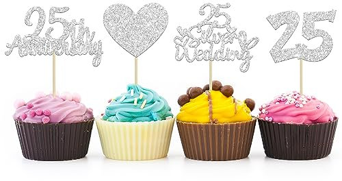 Gyufise 24Pcs 25th Anniversary Cupcake Toppers Silver 25th Wedding Anniversary Heart Cake Decorations for 25 Silver Wedding Celebration Party Supplies Decorations