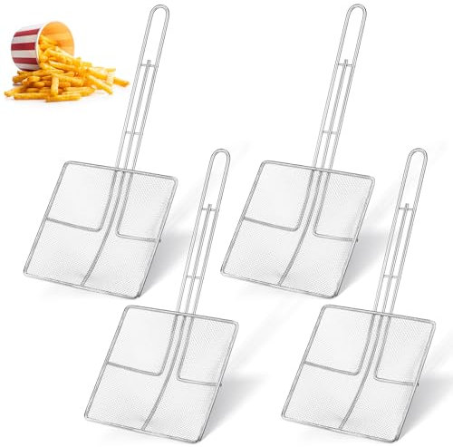 Mumufy 4 Pcs Mesh Skimmer Fryer Skimmer Fine Mesh Oil Fat Skimmer Stainless Steel Frying Cooking Skimmers with Long Handle for Kitchen Swimming Pools Fried Food (6.7 x 6.7 Inch)