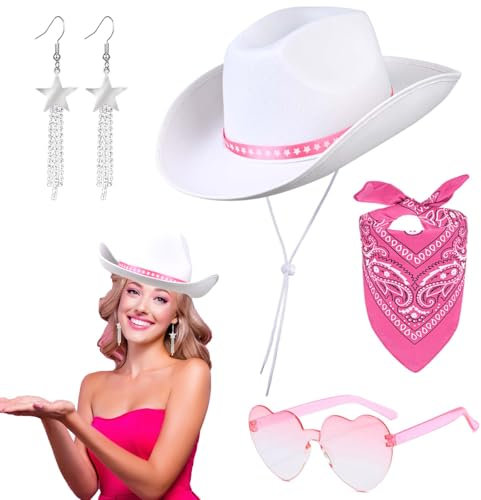 Matiniy Rosa Kostüm für Mädchen, Cosplay-Outfit, weißer Cowboyhut und rosa roter Kaschmir-Schal